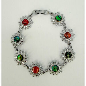 Vintage Sunburst Link Bracelet Abalone Shell Inlay Multi Color Boho 7"